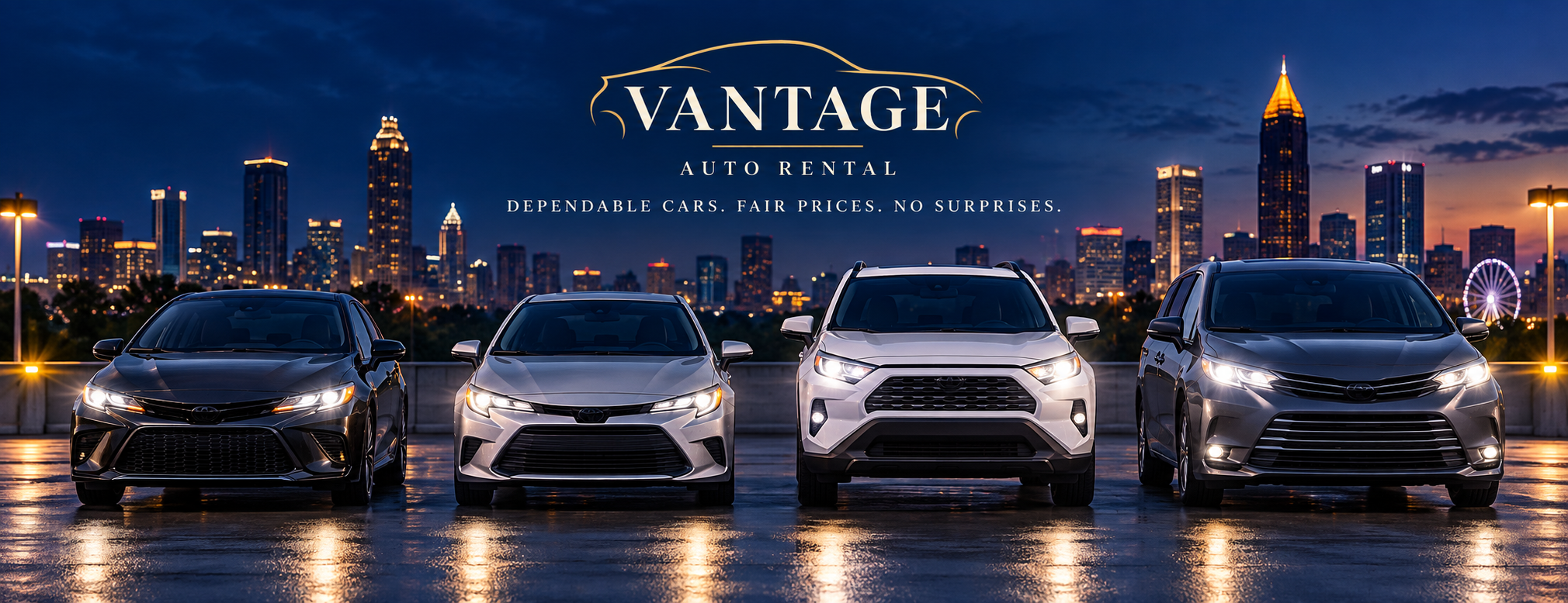 Four Vantage rental vehicles with the Atlanta skyline behind them